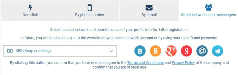 1xbet registration by social network